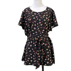 Lane Bryant Peplum Blouse Black Red Floral Short Sleeve Tie Waist Stretch